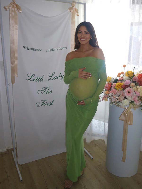 fotobeyou Mesh Patchwork Ruched Off Shoulder Cut Out Elegant Cocktail Party Gown Sheer Maternity Photoshoot Baby Shower Maxi Dress