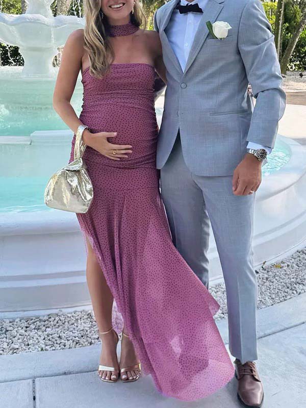 fotobeyou Pink Polka Dot Ruched Ruffle Bandeau Scarf Maternity Maxi Dress