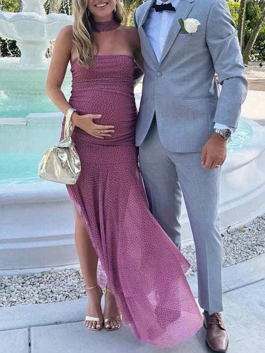 fotobeyou Pink Polka Dot Ruched Ruffle Bandeau Scarf Maternity Maxi Dress