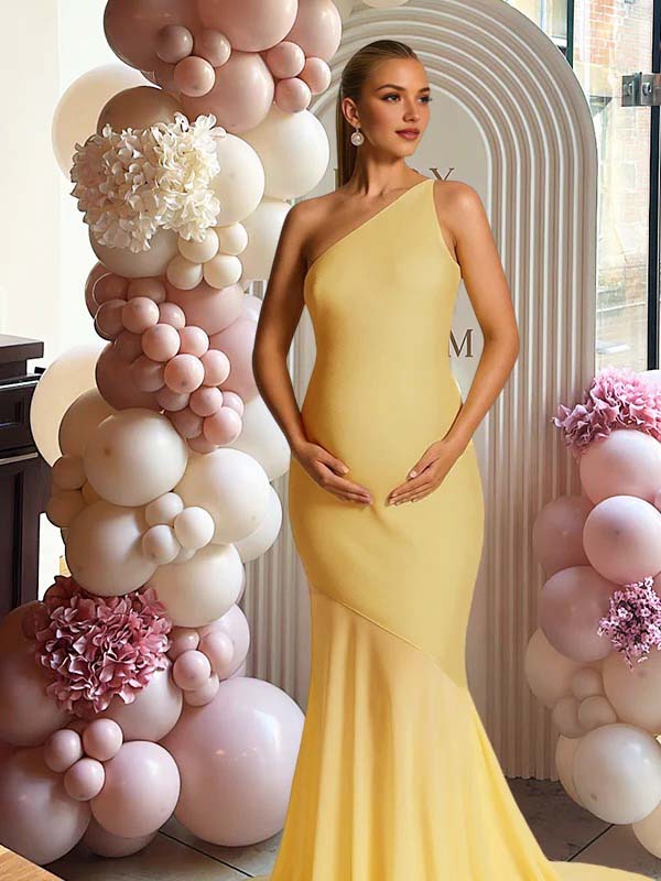fotobeyou Satin Mesh Patchwork One Shoulder Backless Mermaid Maternity Maxi Dress
