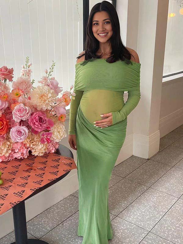 fotobeyou Mesh Patchwork Ruched Off Shoulder Cut Out Elegant Cocktail Party Gown Sheer Maternity Photoshoot Baby Shower Maxi Dress
