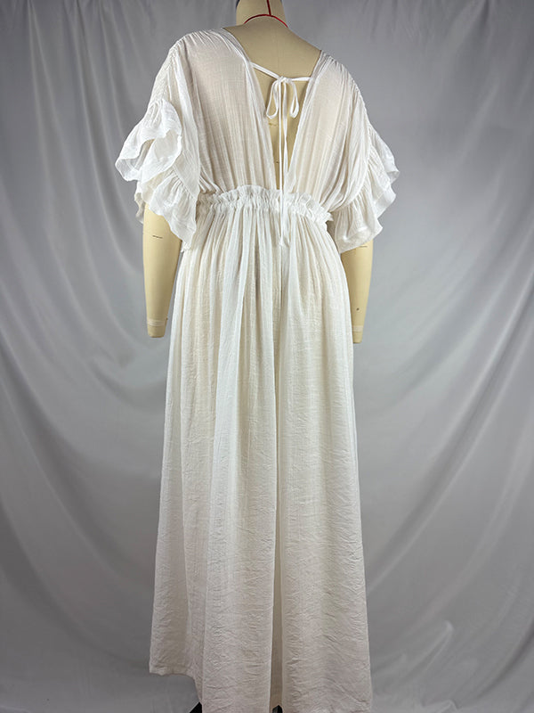 fotobeyou White Deep V-neck Button Down Boho Plus Photoshoot Maternity Maxi Dress