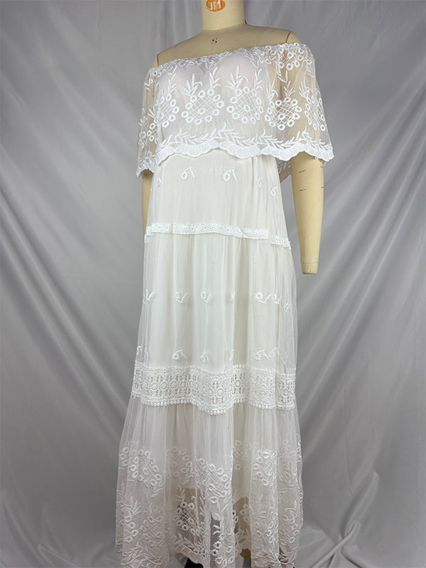 fotobeyou White Off Shoulder Lace Elegant Maternity Photoshoot Maxi Dress