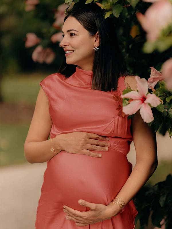 Pink Satin Asymmetric Shoulder Elegant Maternity Photoshoot Maxi Dress
