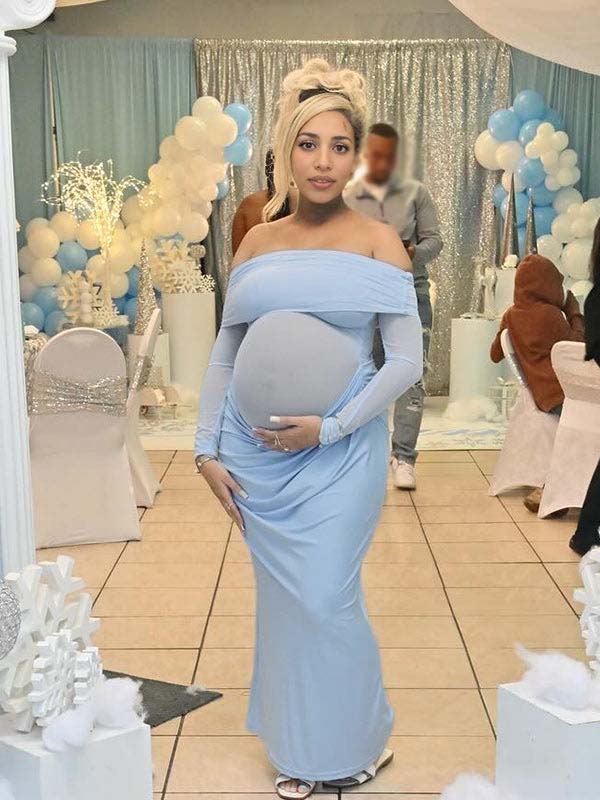 fotobeyou Blue Mesh Patchwork Off Shoulder Ruched Sheer Badycon Elegant Maternity Photoshoot Baby Shower Maxi Dress