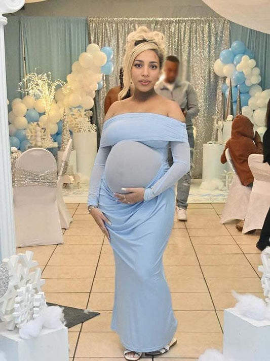 fotobeyou Blue Mesh Patchwork Off Shoulder Ruched Sheer Badycon Elegant Maternity Photoshoot Baby Shower Maxi Dress