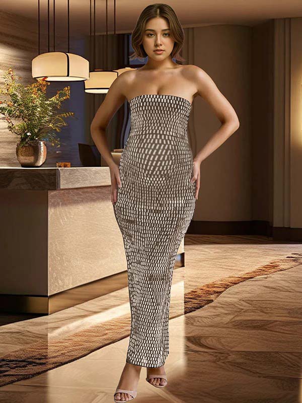 fotobeyou Glitter Diamond Rhinestone Bandeau Back Slit Bodycon Elegant Cocktail Party Maternity Baby Shower Maxi Dress