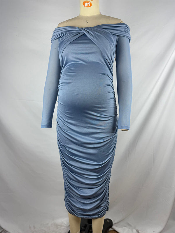 fotobeyou Blue Ruched Off Shoulder Cross Chest Bodycon Elegant Wedding Guest Maternity Photoshoot Midi Dress