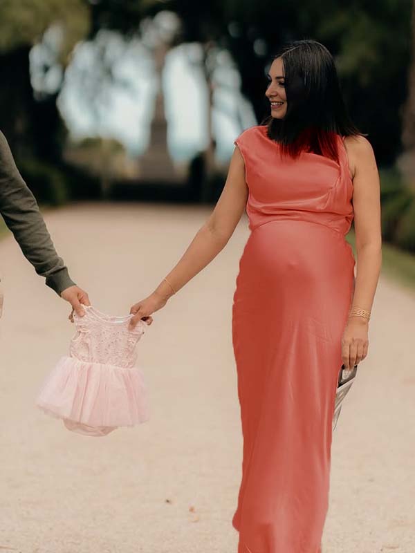 Pink Satin Asymmetric Shoulder Elegant Maternity Photoshoot Maxi Dress