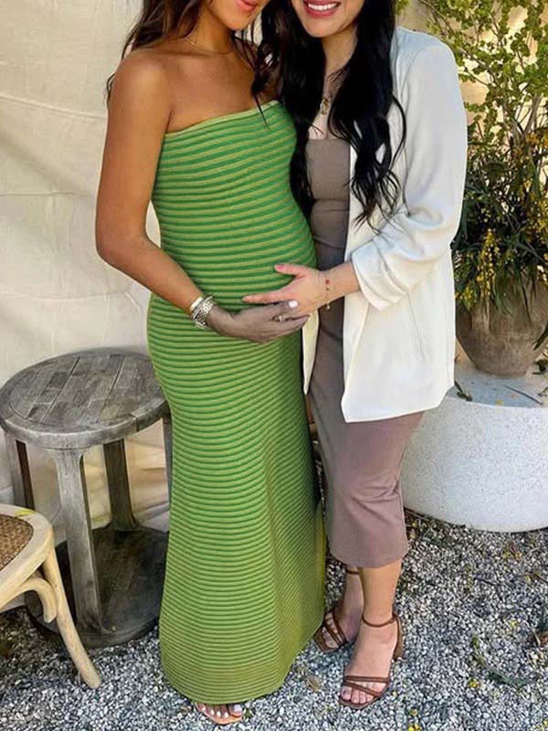 fotobeyou Striped Knitted Bandeau Strapless Bodycon Elegant Maternity Baby Shower Maxi Dress