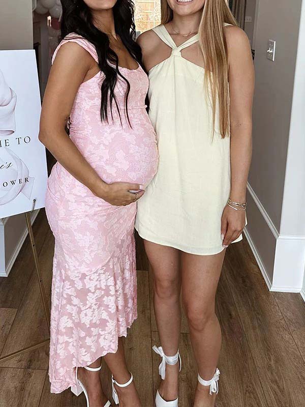 fotobeyou Pink Lace Ruched Corset High-low Tank Mermaid Elegant Cocktail Gown Maternity Baby Shower Maxi Dress