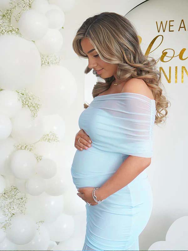 fotobeyou Light Blue Mesh Off Shoulder Ruched Mermaid Elegant Maternity Baby Shower Maxi Dress