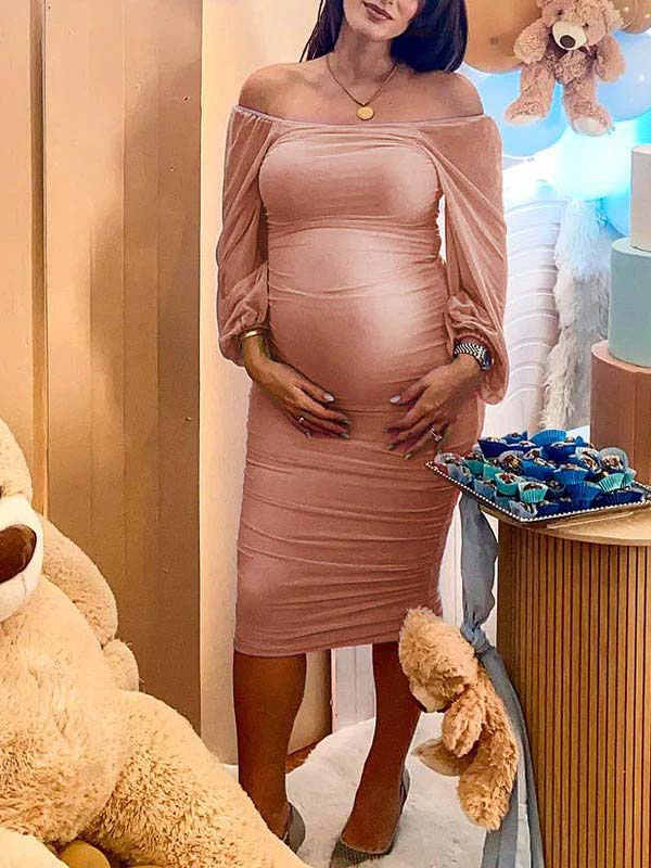 fotobeyou Mesh Ruched Off Shoulder Lantern Sleeve Square Neck Bodycon Elegant Party Maternity Photoshoot Baby Shower Midi Dress