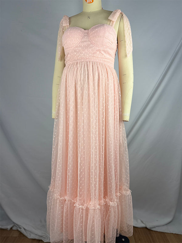 fotobeyou Light Pink Polka Dot Bow Ruffle Falbala Tie-Shoulder A-line Tulle Princess Dress Maxi Dress