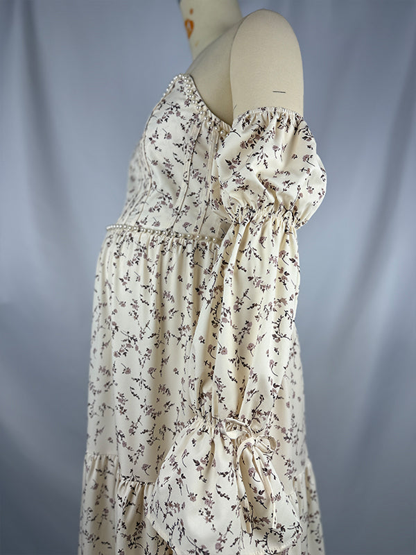 fotobeyou Beige Floral Off Shoulder Pearls Big Swing Boho Maternity Maxi Dress