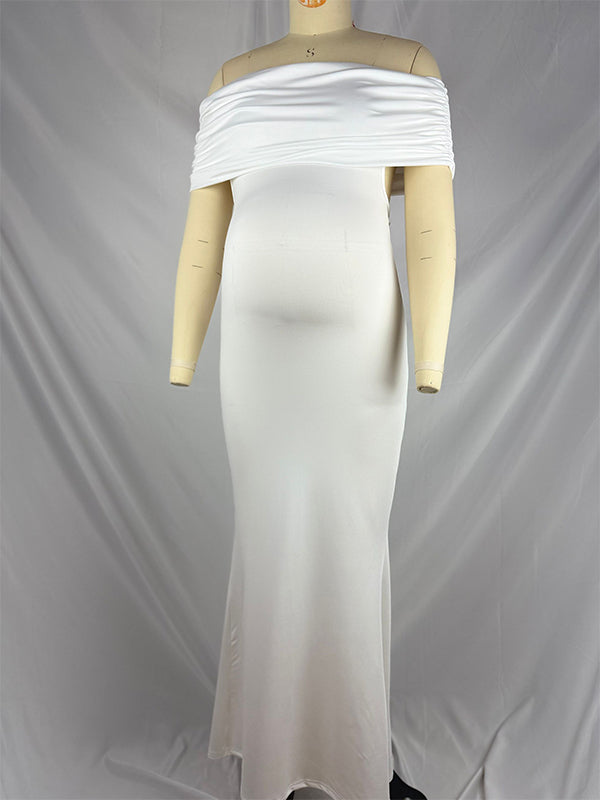 fotobeyou White Ruched Off Shoulder Backless Bodycon Elegant Cocktail Party Gown Maternity Photoshoot Baby Shower Maxi Dress
