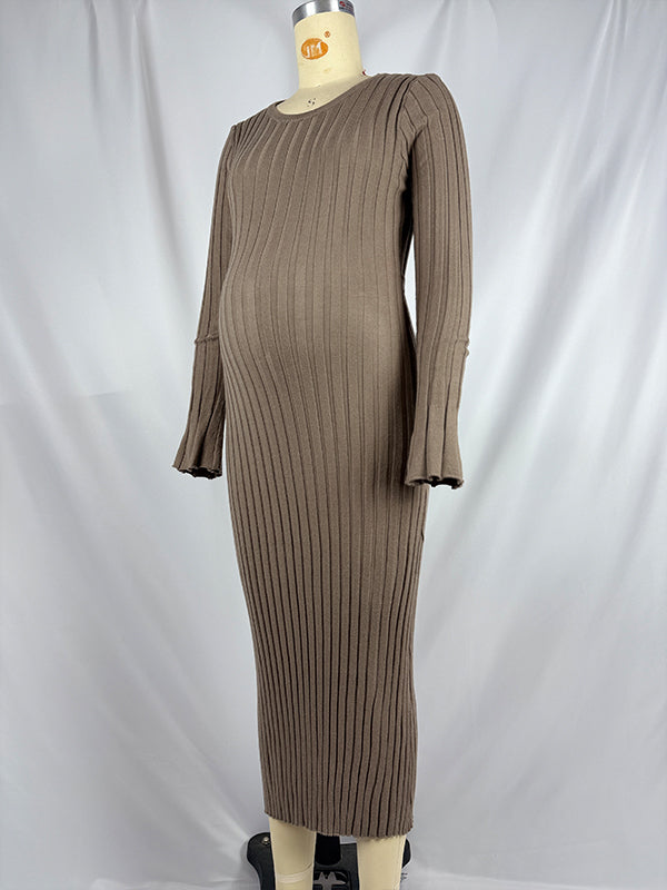 fotobeyou Pit Strip Back Belted Round Neck Flare Sleeve Bodycon Photoshoot Baby Shower Maternity Maxi Sweater Dress