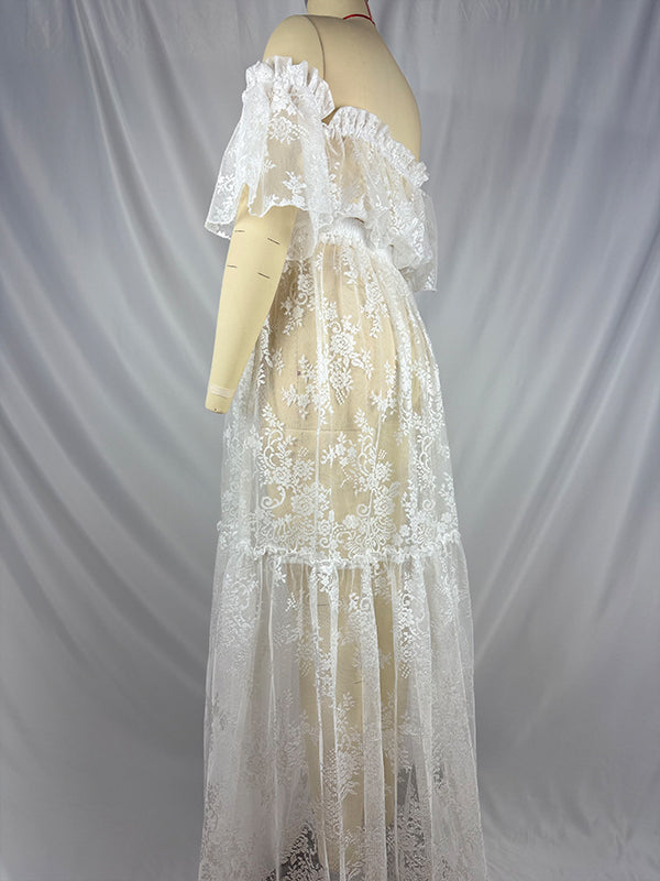 fotobeyou White Boho Lace Bandeau Crop Ruffle 2-in-1 Side Slit Photoshoot Maternity Maxi Dress