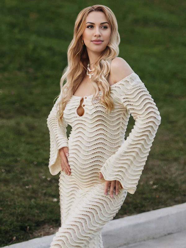Off Shoulder Crochet Ruffle Cut Out Backless Maternity Maxi Dress