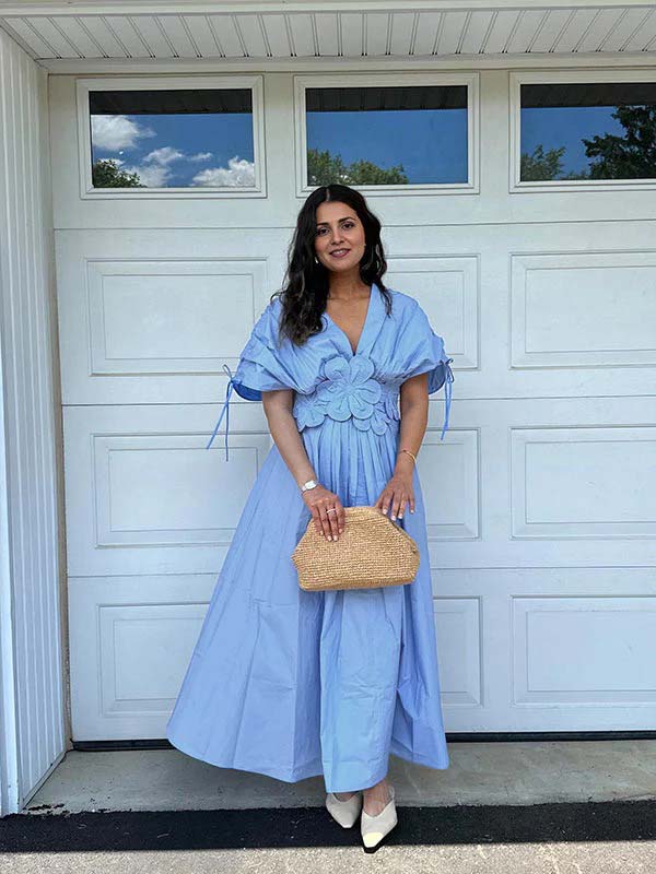 fotobeyou Blue 3D Flowers Fleated Drawstring Big Swing Deep V-neck Elegant Holiday Vacation Maternity Photoshoot Baby Shower Maxi Dress