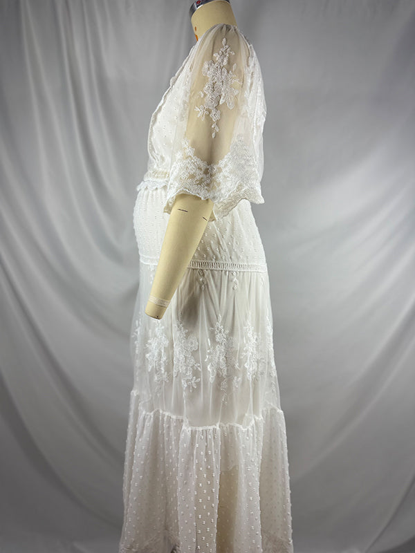 fotobeyou White Lace Ruffle Embroidery Boho Plus Photoshoot Maternity Maxi Dress