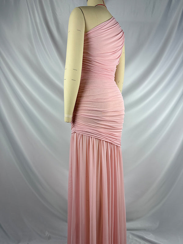 One Shoulder Mesh Ruched Mermaid Evening Gown Maternity Maxi Dress