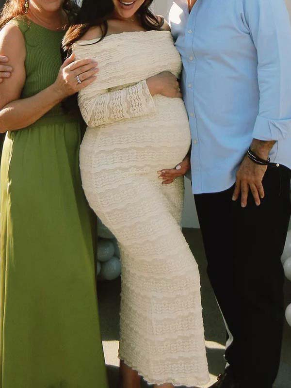 fotobeyou Beige Lace Off Shoulder Ruffle Falbala Bodycon Elegant Maternity Baby Shower Maxi Dress