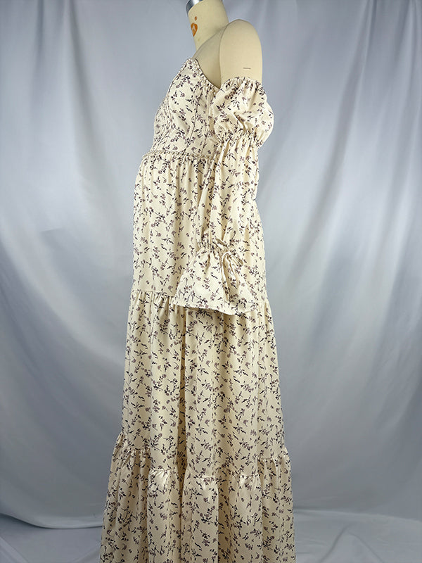 fotobeyou Beige Floral Off Shoulder Pearls Big Swing Boho Maternity Maxi Dress