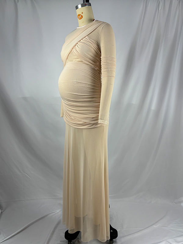 Beige Mesh Ruched Sheer Elegant Maternity Photoshoot Maxi Dress