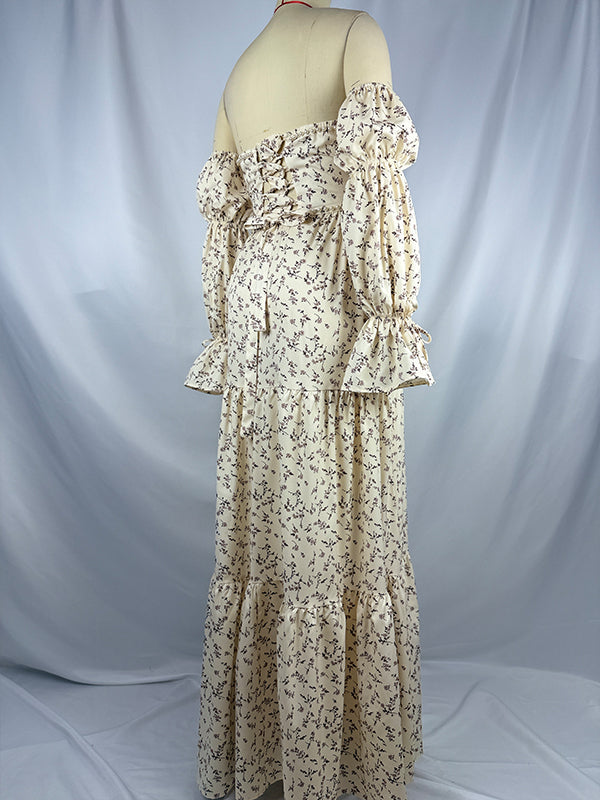 fotobeyou Beige Floral Off Shoulder Pearls Big Swing Boho Maternity Maxi Dress