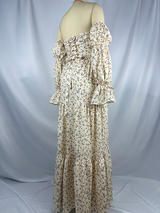 fotobeyou Beige Floral Off Shoulder Pearls Big Swing Boho Maternity Maxi Dress