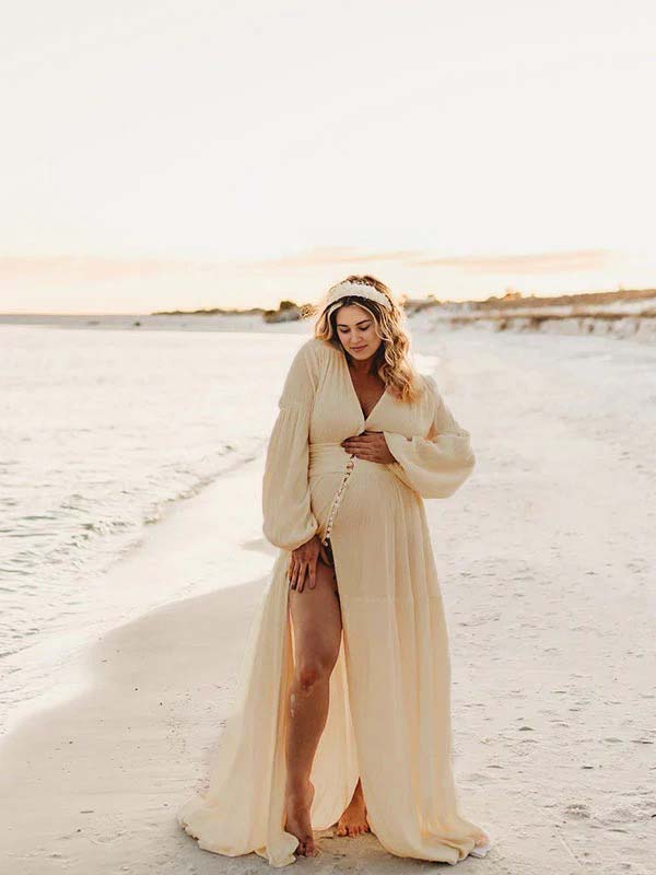 fotobeyou Ivory White Single Breasted Open Front Big Swing Deep V-neck Robe Elegant Wedding Gown Maternity Boho Photoshoot Baby Shower Maxi Dress