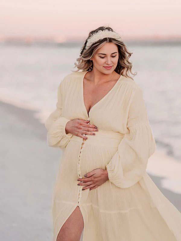fotobeyou Ivory White Single Breasted Open Front Big Swing Deep V-neck Robe Elegant Wedding Gown Maternity Boho Photoshoot Baby Shower Maxi Dress