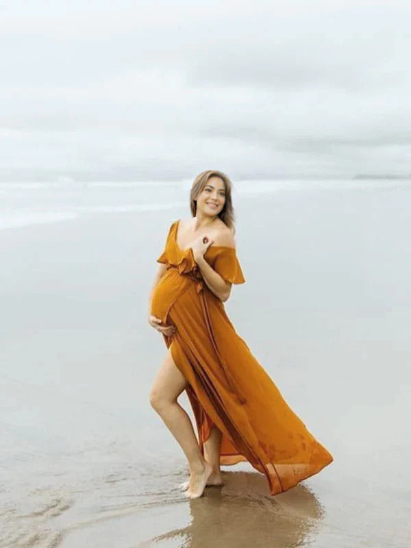 fotobeyou Ginger Yellow Flowy Ruffle Falbala Wrap Side Slit Big Swing Elegant Baby Moon Beach Vacation Gown Boho Maternity Photoshoot Baby Shower Maxi Dress