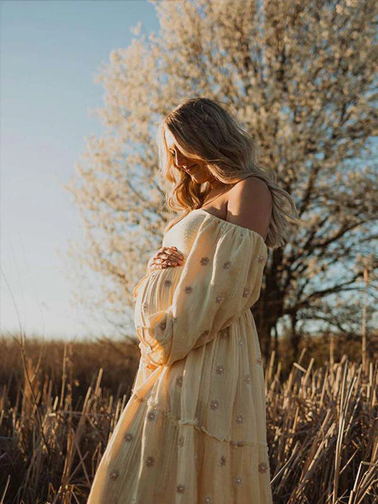 fotobeyou Apricot Daisy Off Shoulder Ruffle Boho Maternity Photoshoot Maxi Dress