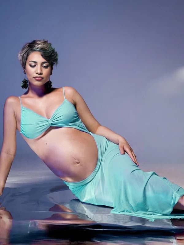 Blue Mesh Cut Out Crop Side Slit Cami Sheer Maternity Maxi Dress