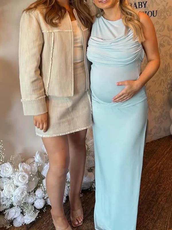 Blue Ruched Backless Side Slit Maternity Baby Shower Maxi Dress