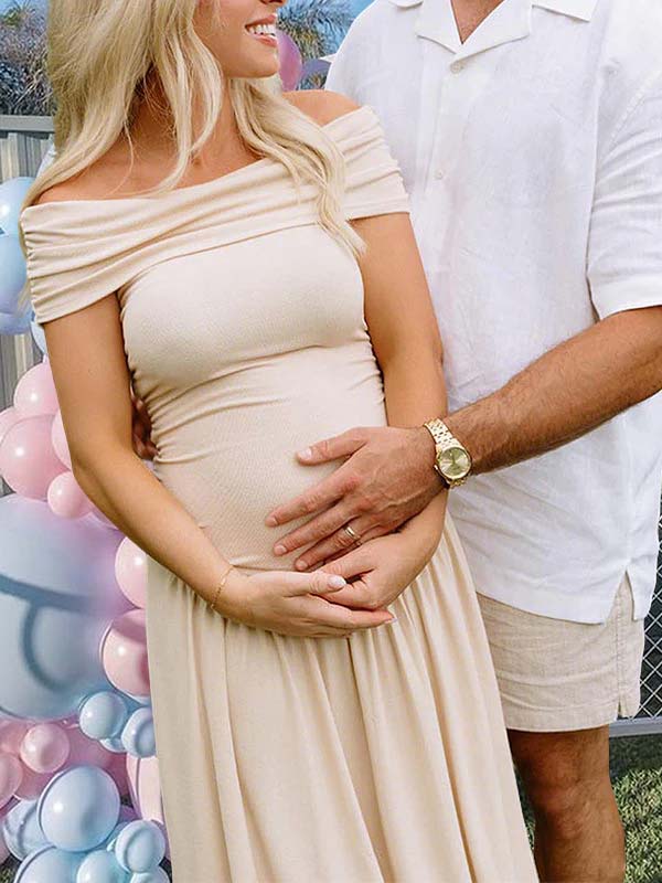 fotobeyou Apricot Off Shoulder Ruched Backless Boat Neck Cap Sleeve Splicing Elegant Gender Reveal Maternity Maxi Dress