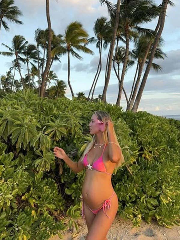 fotobeyou Rose Carmine Three-piece Starfish Lace-Up Ruched Slit Cami Swimwear Chic Baby Moon Beach Bikini
