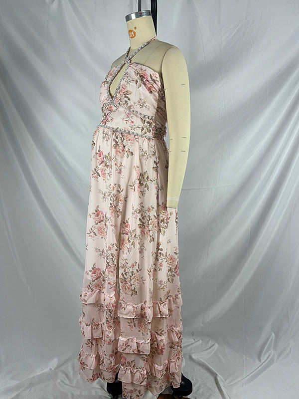 fotobeyou Pink Floral Ruffle Falbala Pearls Side Slit Elegant Maternity Baby Shower Maxi Dress