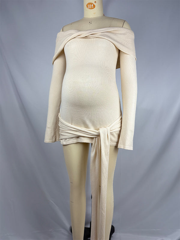 fotobeyou Ivory White Off Shoulder Draped Wrap Flare Sleeve Bodycon Elegant Going Out Daily Maternity Photoshoot Baby Shower Mini Dress