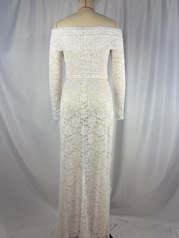 fotobeyou White Lace Off Shoulder Two Piece Set Elegant Maternity Baby Shower Maxi Dress