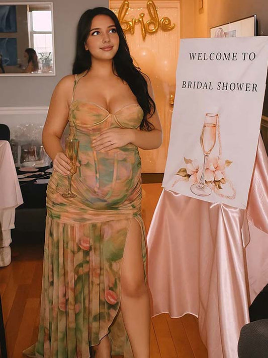fotobeyou Floral Mesh Ruched Ruffle Boned Bodice Side Slit Cami Elegant Maternity Maxi Dress