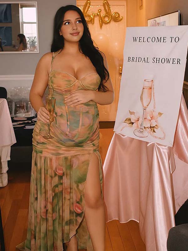 fotobeyou Floral Mesh Ruched Ruffle Boned Bodice Side Slit Cami Elegant Maternity Maxi Dress