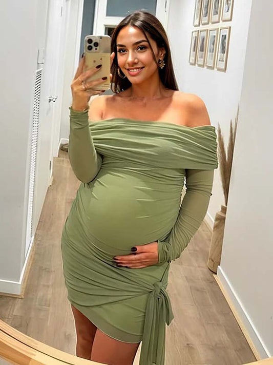 fotobeyou Green Mesh Ruched Knot Draped Off Shoulder Bodycon Elegant Cocktail Party Maternity Photoshoot Baby Shower Mini Dress