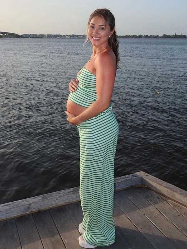 Striped Strapless Crop Wide Leg Casual Two Piece Maternity Outfit