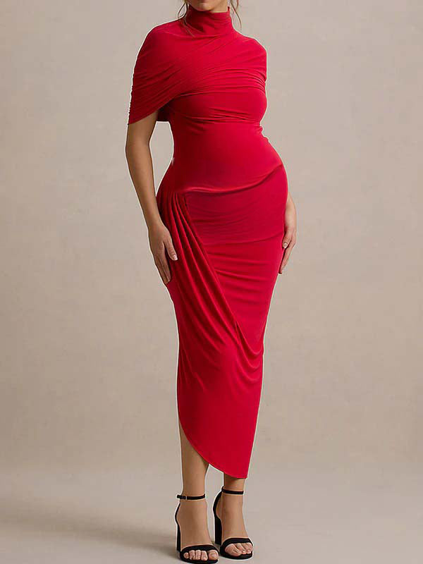 Irregular Ruched Side Slit Cape Sleeve ELegant Maternity Maxi Dress