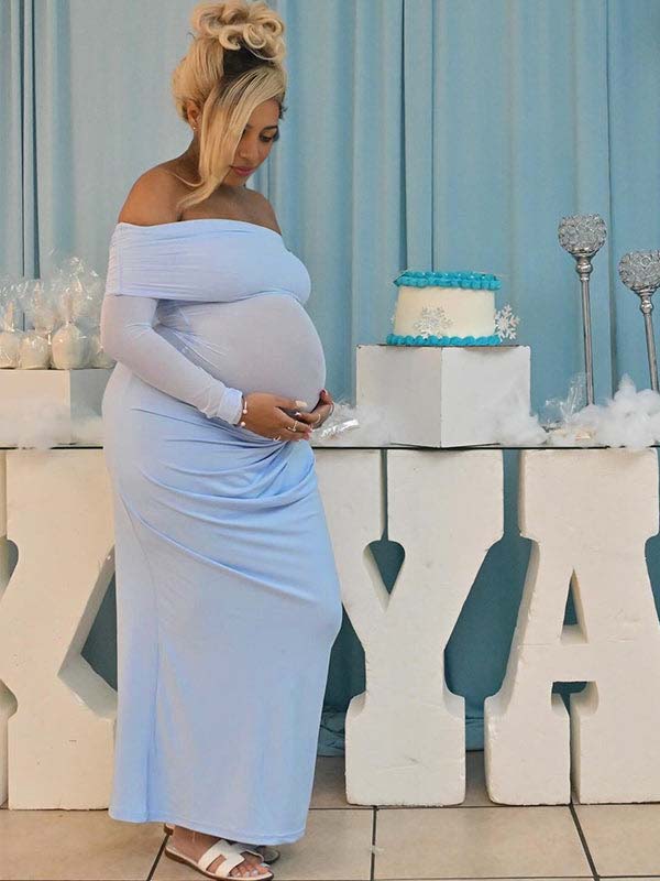 fotobeyou Blue Mesh Patchwork Off Shoulder Ruched Sheer Badycon Elegant Maternity Photoshoot Baby Shower Maxi Dress