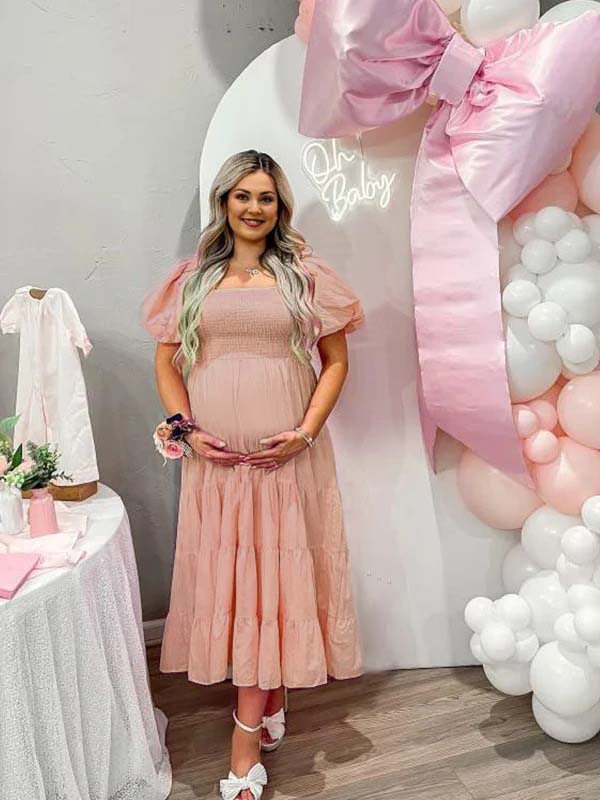 fotobeyou Pink Smocked Square Neck A-line Puff Sleeve Sweet Maternity Baby Shower Maxi Dress