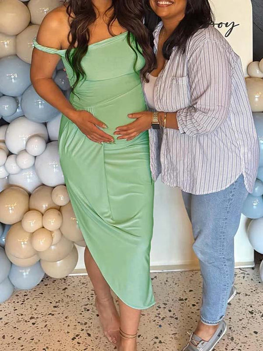 fotobeyou Green One Shoulder Irregular Ruched Side Slit Maternity Midi Dress